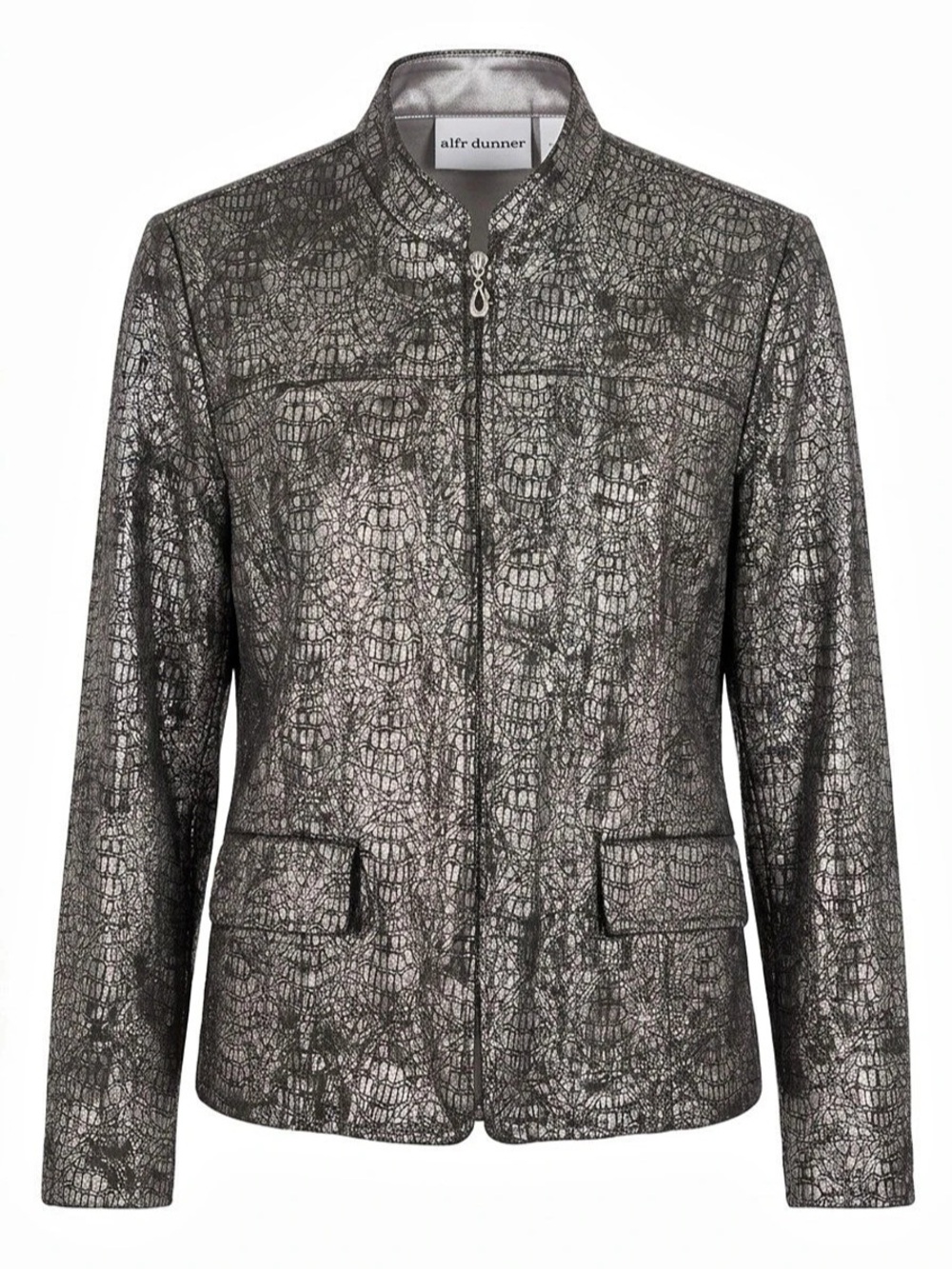 alfred dunner Silver Metallic Snake Print Statement Jacket Black & Gray Petite
